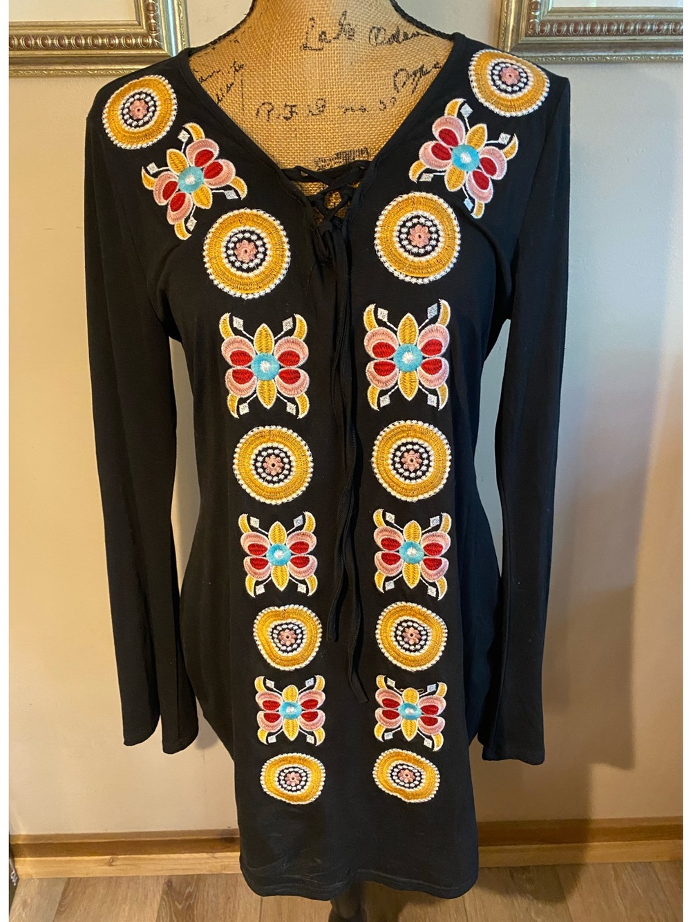 MISSLOOK Swim Beach Coverup Boho Embroidered Lace Up Black Long Sleeve Size XL